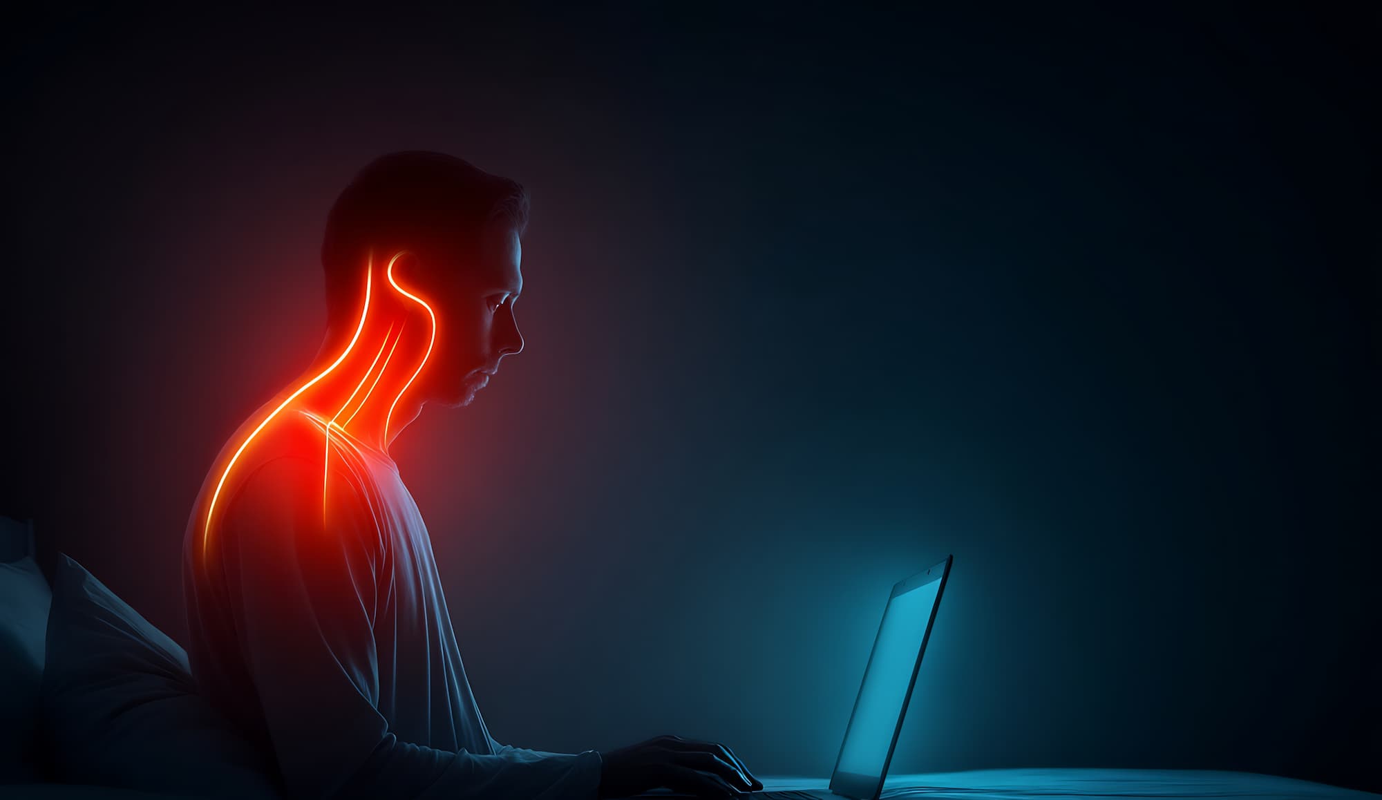 A dark blue photo of a man tilting his neck down towards his laptop screen. There is a red graphic on his neck and upper back depicting his neck strain and pain. He needs the best shoulder exercises near Wicker Park.